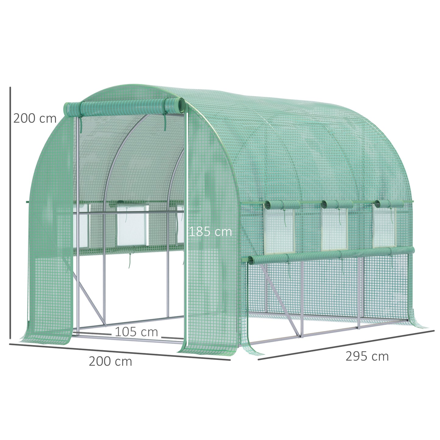 Outsunny Walk In Greenhouse Garden Polytunnel with PE Cover Zipped Roll Up Door and 6 Mesh Windows 3x2x2m Green