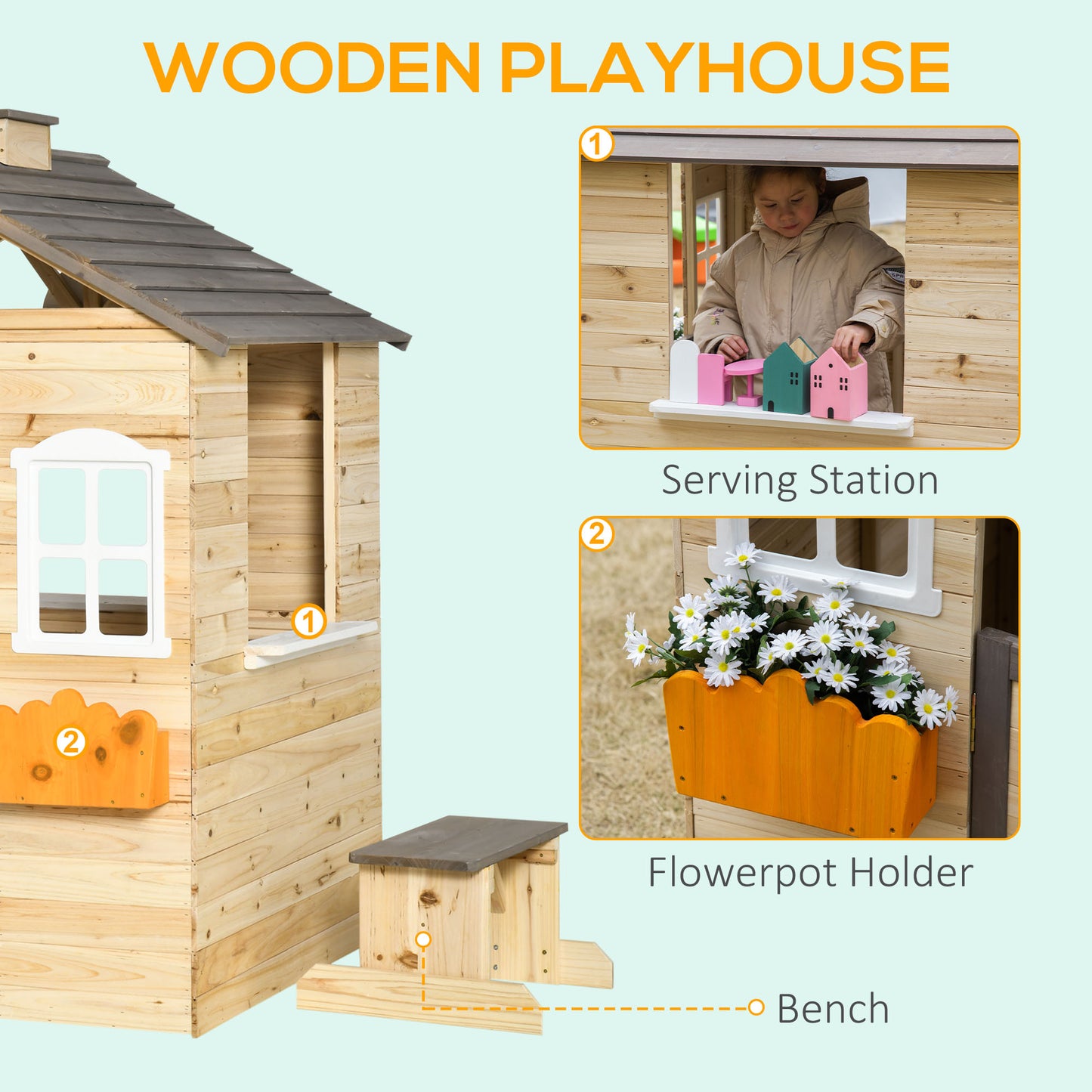Outsunny Wooden Kids Playhouse, Outdoor Garden Games Cottage with Working Door, Windows, Bench, Service Station, Flowers Pot Holder for 3-7 Years Old