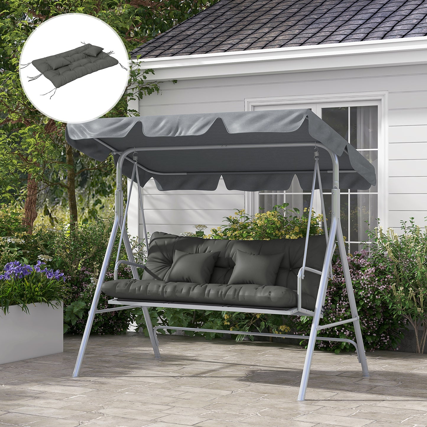 Outsunny Back and Seat Cushion Replacement with 2 Pillows, Patio Chair Cushions Set with Ties, Light Grey