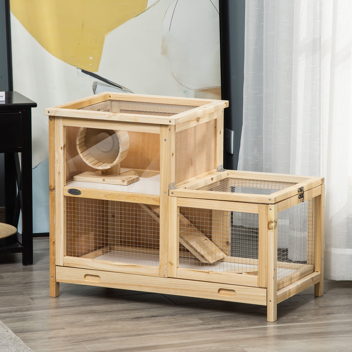 PawHut Wooden Hamster Cage, Mice Rodent Small Animals Kit Hutch, 2 Tiers Exercise Play House, with Sliding Tray, Ladder, Seesaw, Running Wheel, Openable Roofs, 78 x 41.5 x 60 cm, Natural