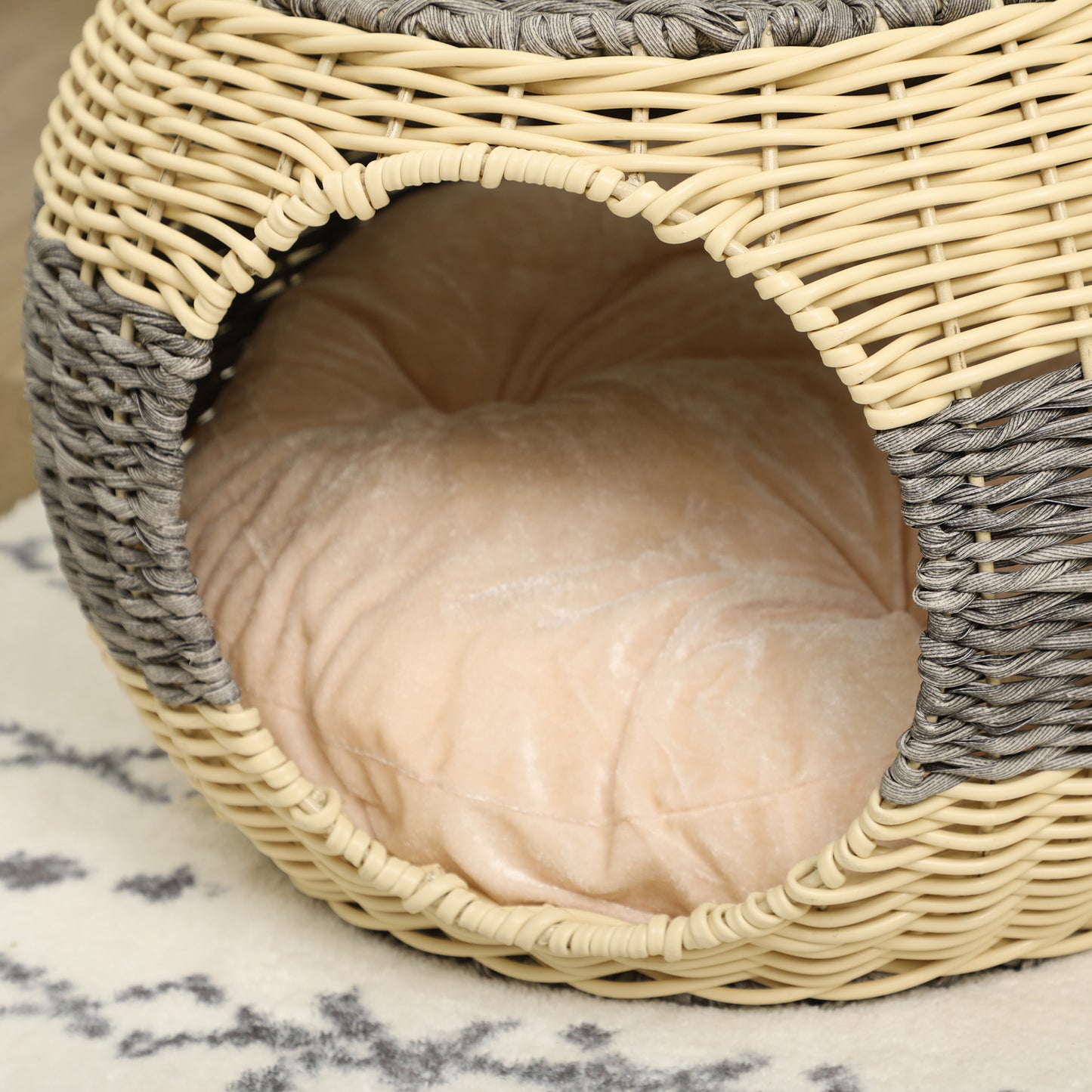 PawHut Wicker Cat House, Rattan Raised Cat Bed, Cosy Kitten Cave with Soft Washable Cushion, Ø40 x 30cm