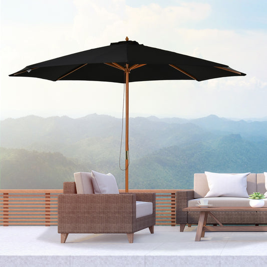 Outsunny 3(m) Fir Wooden Parasol Garden Umbrellas 8 Ribs Bamboo Sun Shade Patio Outdoor Umbrella Canopy, Black