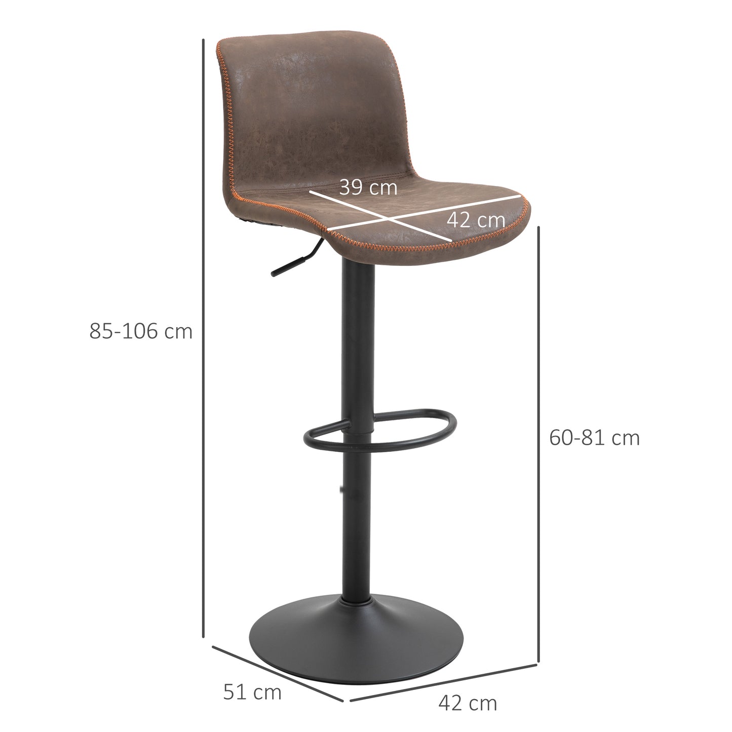 HOMCOM PU Leather Padded Bar Stools Adjustable Height Bar Chairs Swivel Stools Set