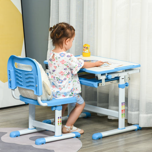 HOMCOM Kids Desk and Chair Set Height Adjustable Tiltable with Drawer Pen Slot Hook