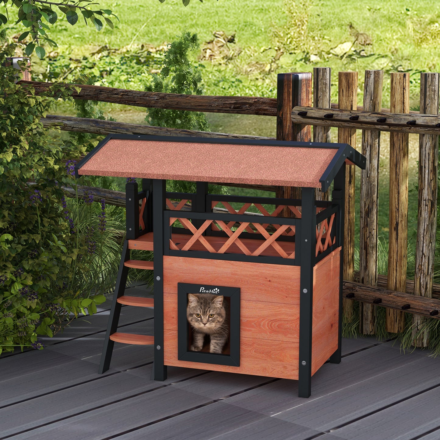 PawHut Cat House Outdoor w/ Balcony Stairs Roof 77 x 50 x 73 cm Brown