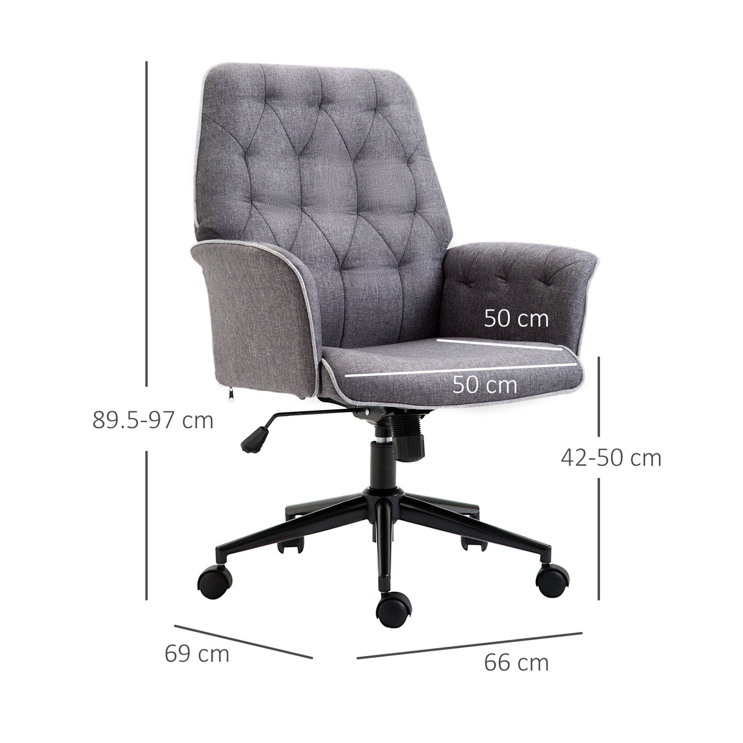 HOMCOM Linen-Feel Fabric Office Swivel Chair Mid Back Computer Desk Chair with Adjustable Seat, Arm - Grey