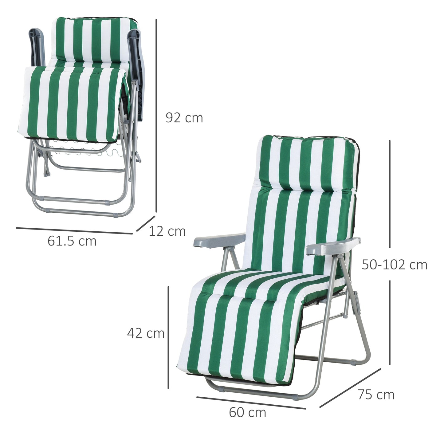 Outsunny 2 Pc Folding Sun Reclining Chairs W/ Cushions Set-Green/White