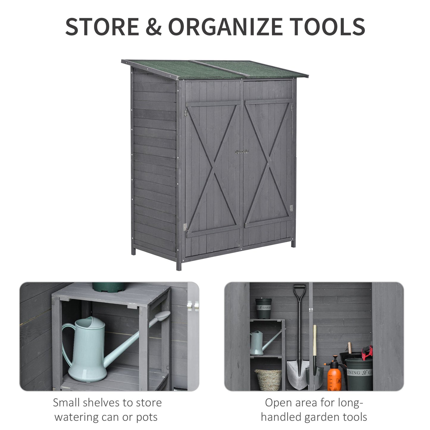 Outsunny Garden Wood Storage Shed w/ Storage Table, Asphalt Roof, Double Door, Grey