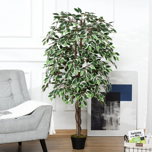 Outsunny 160cm/5.2FT Artificial Ficus Silk Tree with Nursery Pot, Decorative Fake Plant, for Indoor Outdoor Décor