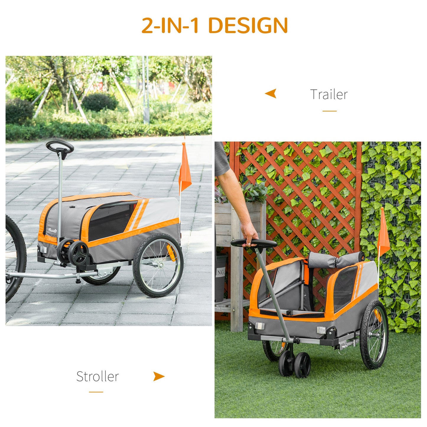 PawHut Dog Bike Trailer Two-In-One Pet Trolley Stroller Cart Bicycle Carrier Orange