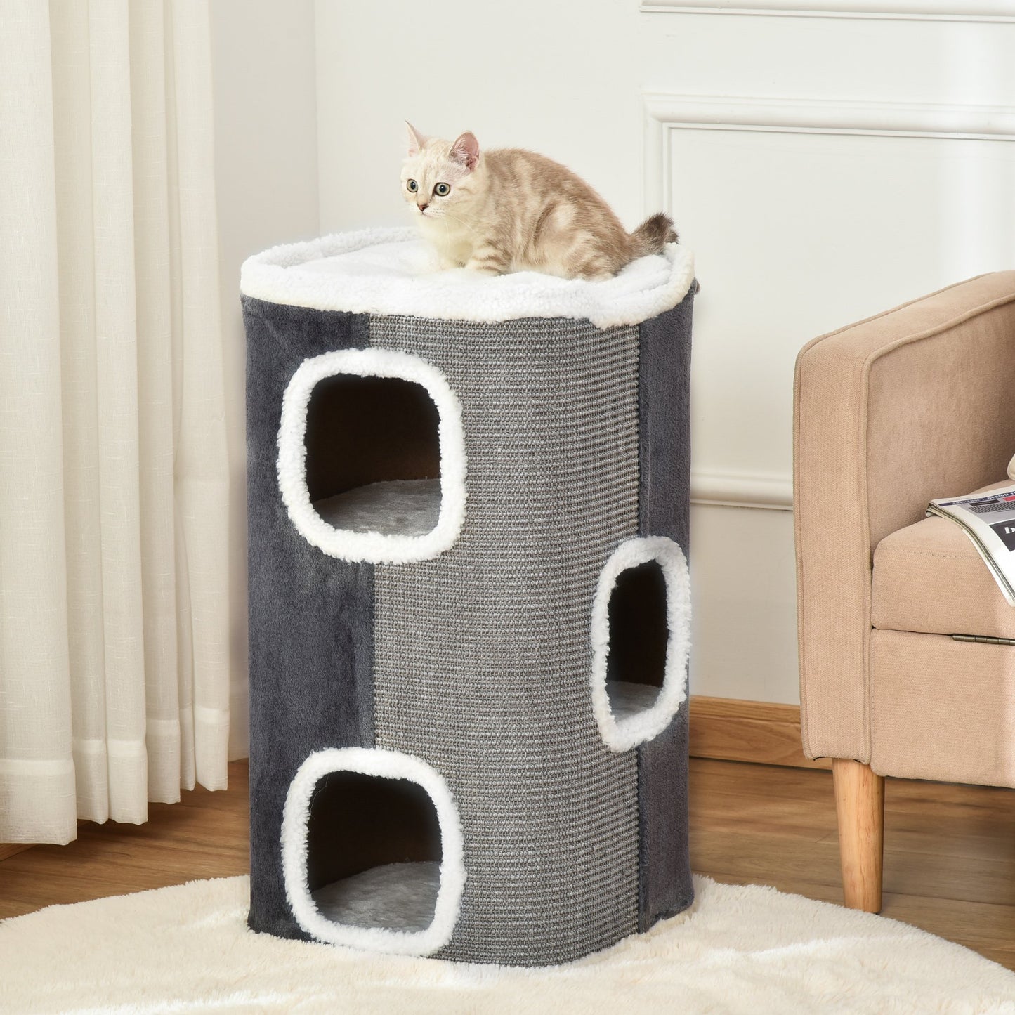 PawHut Cat Barrel Kitten Tree Tower Sisal Scratching Pet Furniture Climbing Frame