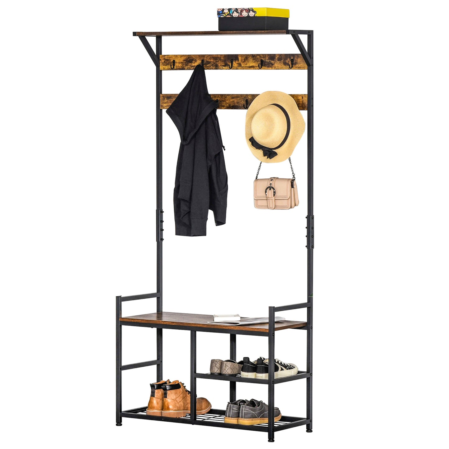 HOMCOM Coat Rack Stand Shoe Storage Bench with 9 Hooks Shelves 180cm