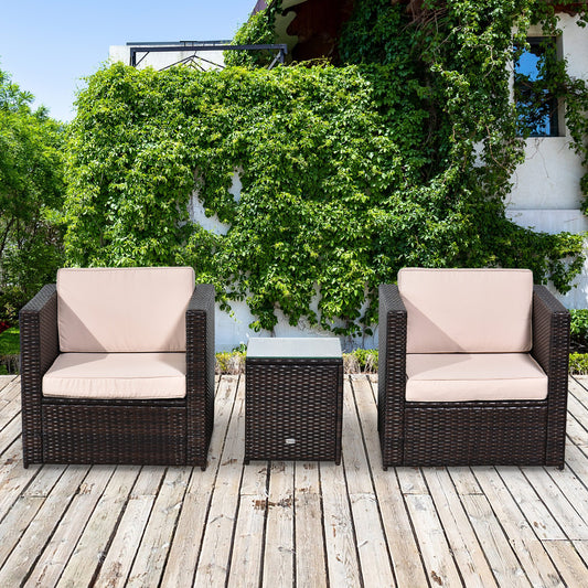 Outsunny 3 Pcs Rattan Sofa  Furniture Set W/Cushions, Steel Frame-Brown