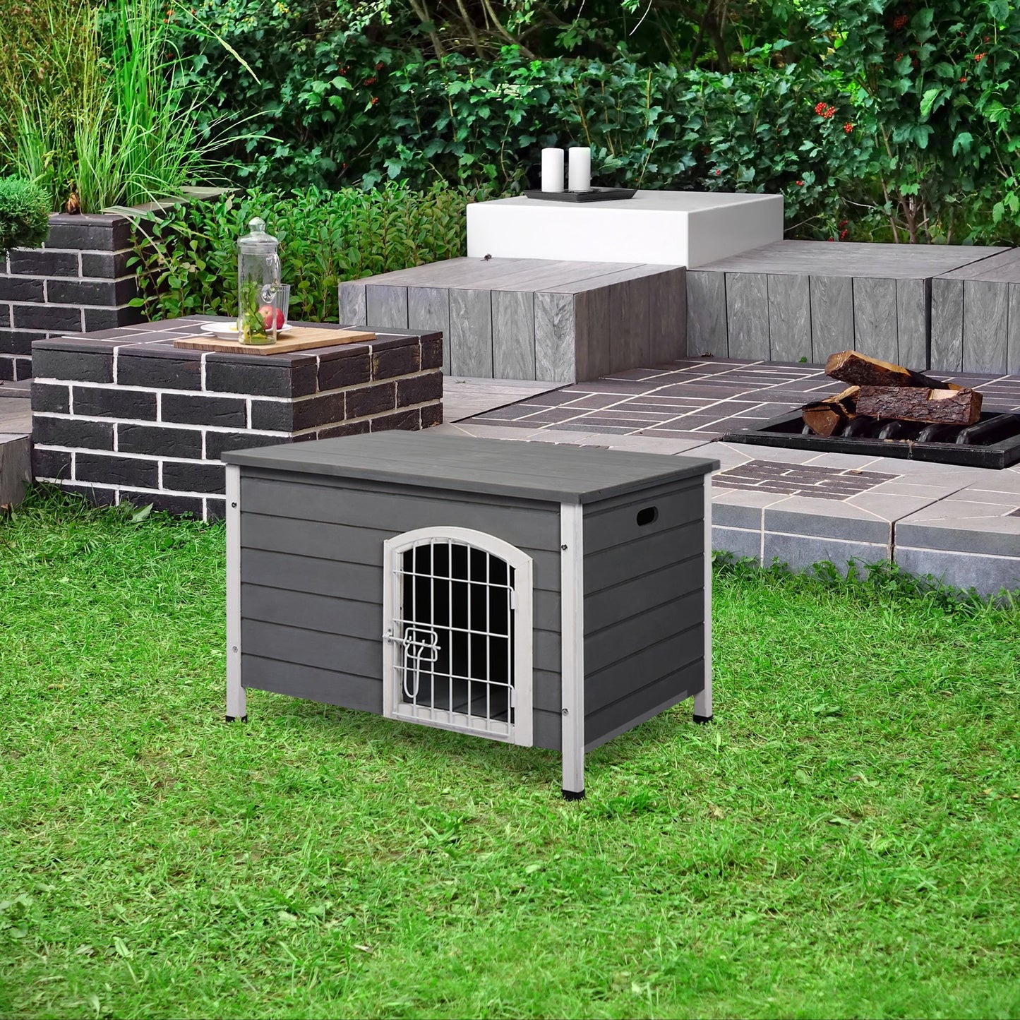 PawHut Wooden Dog Crate Dog Kennel Lockable Door Small Animal House w/ Openable Top Gray