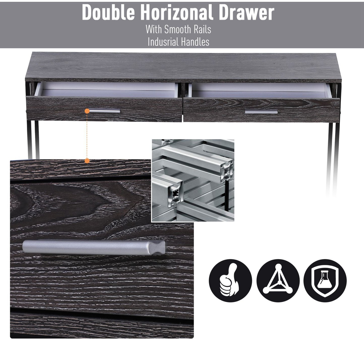 HOMCOM Industrial Console Table Narrow Worktop w/ Bottom Shelf & Two Drawers Grey Wood
