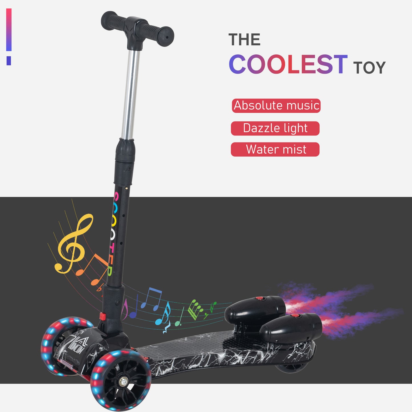 HOMCOM Kids Tri-Wheel Plastic Scooter w/ Engine-Look Water Spray Black