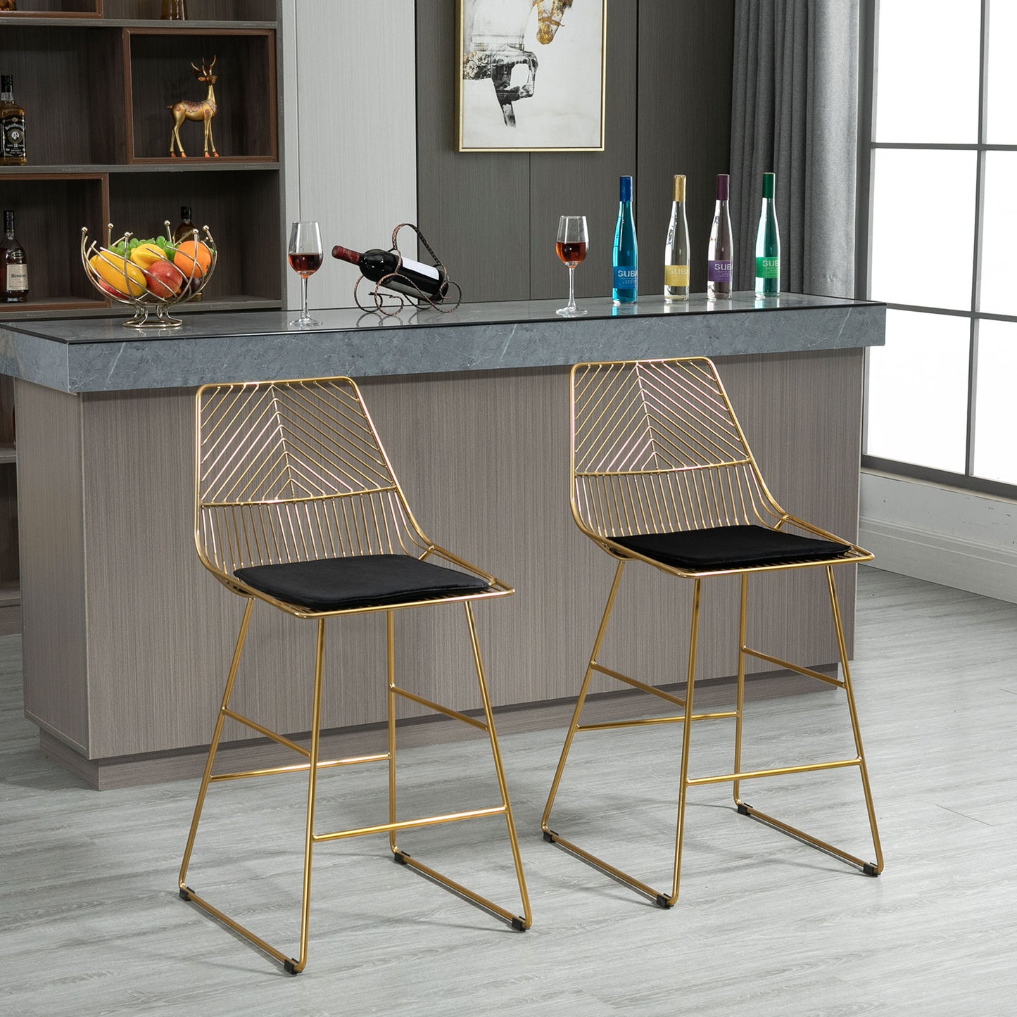 HOMCOM Modern Counter Height Bar Stools Set of 2 pcs Wire Metal Barstools for Kitchen