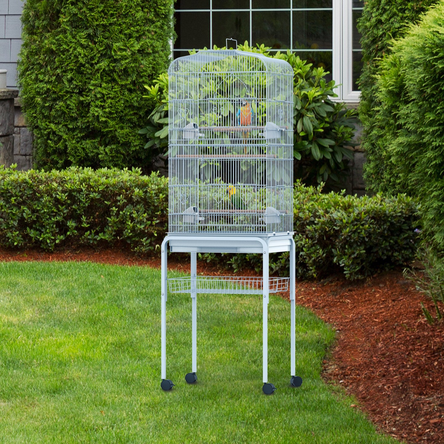 PawHut 153cm Metal Bird Cage W/Removable Breeding Stand Feeding Tray Wheels Stand-Light blue