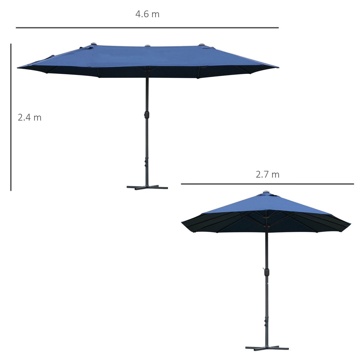 Outsunny 4.6M Sun Umbrella Canopy Double-sided Crank Sun Shade w/ Cross Base Dark Blue