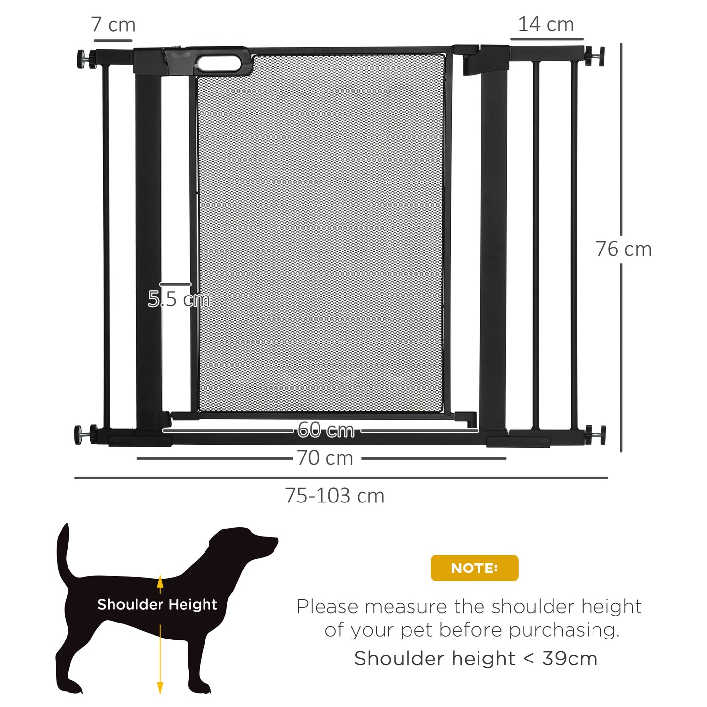 PawHut Pressure Fit Safety Gate for Doors and Stairs Openings 75-103 cm Black