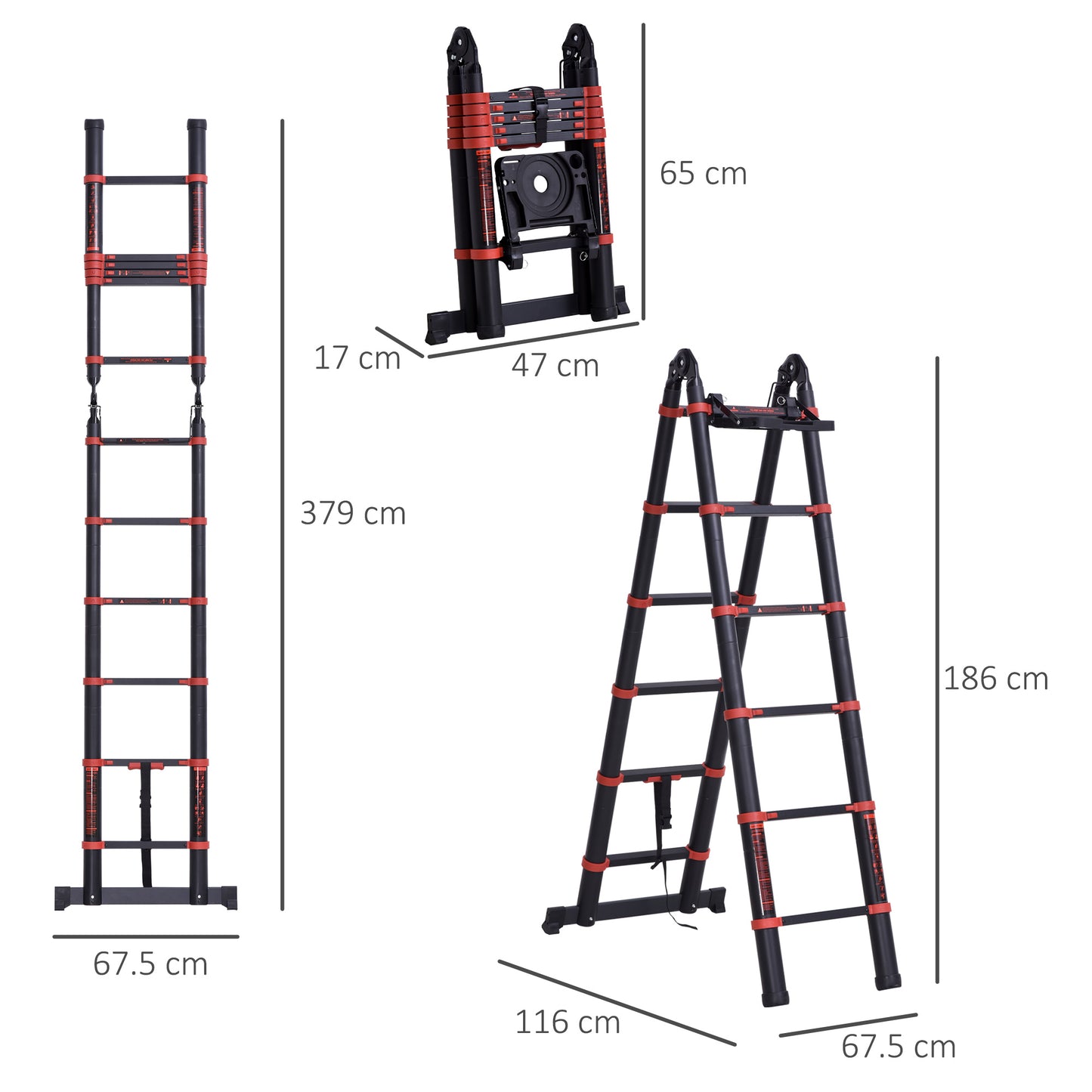 HOMCOM 3.8M Duo Aluminium Ladder w/ Tool Holder Herringbone Design Foldable