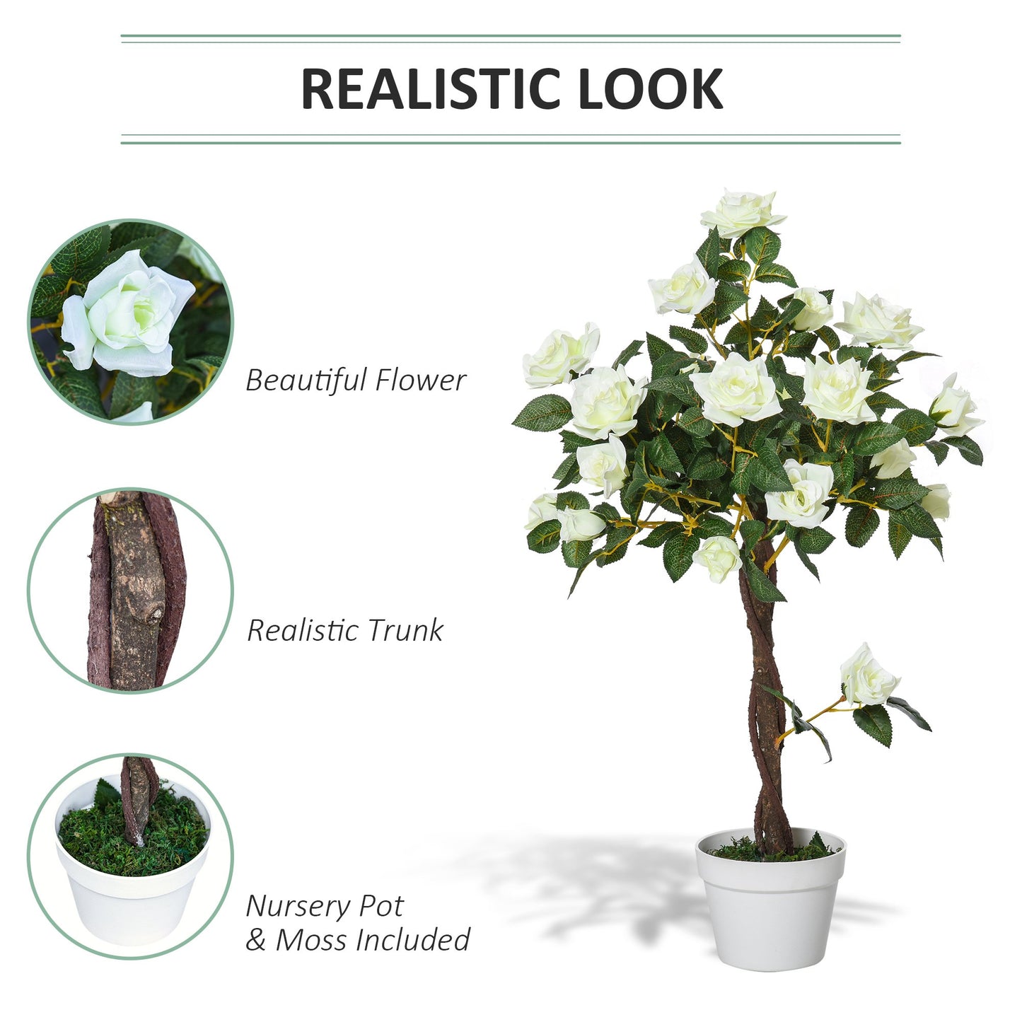 Outsunny Artificial Camellia Plant Realistic Fake Tree Potted Home Office 90cm White