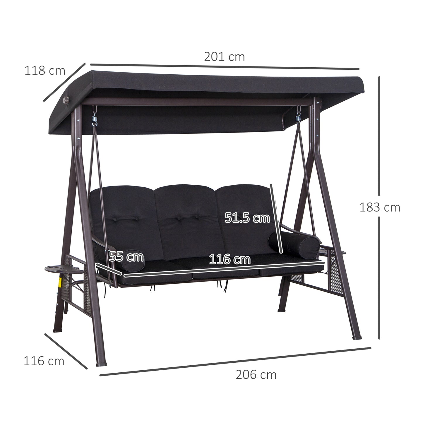 Outsunny Swing Chair Hammock Chair 3 Seater Canopy Cushion Shelter Outdoor Bench Black