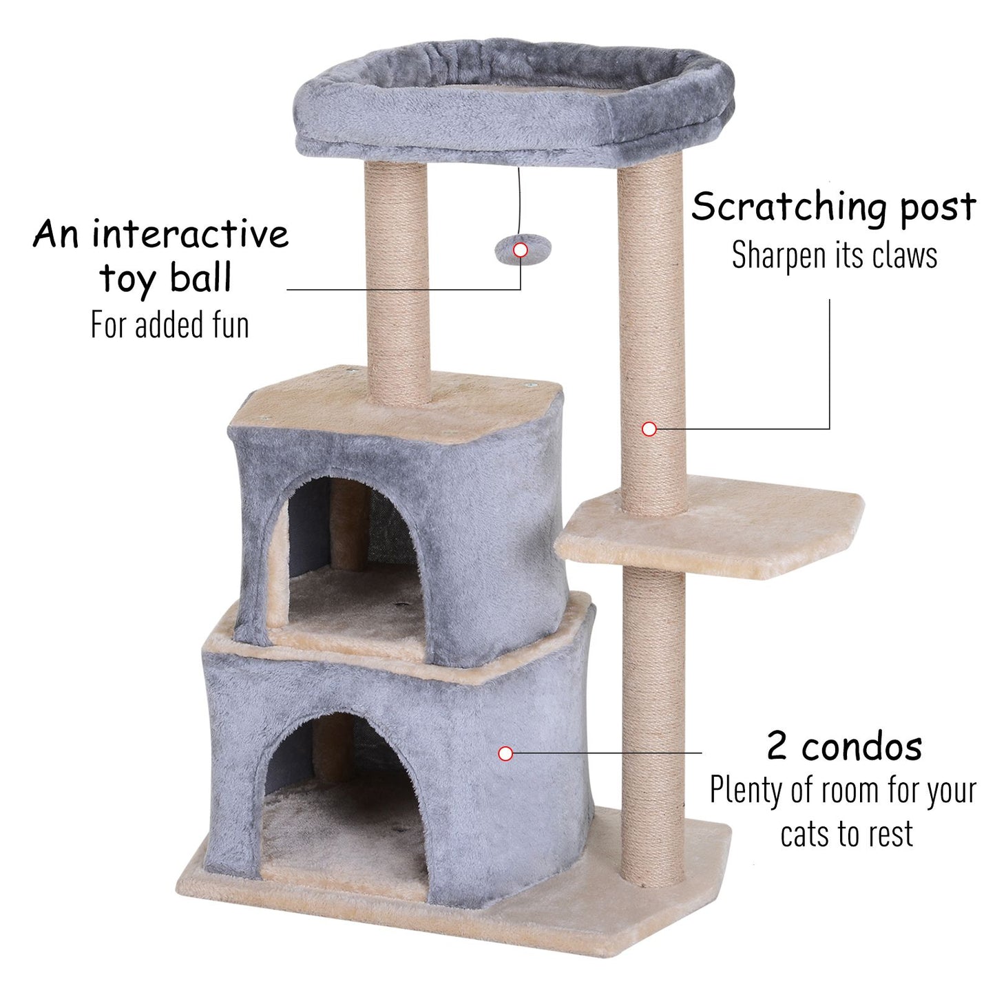 PawHut Multi-Level Cat Scratching Tree Condo Pet Activity Centre with Sisal-Covered Scratching Posts Perch w/ Bed and Dangle Toy Grey