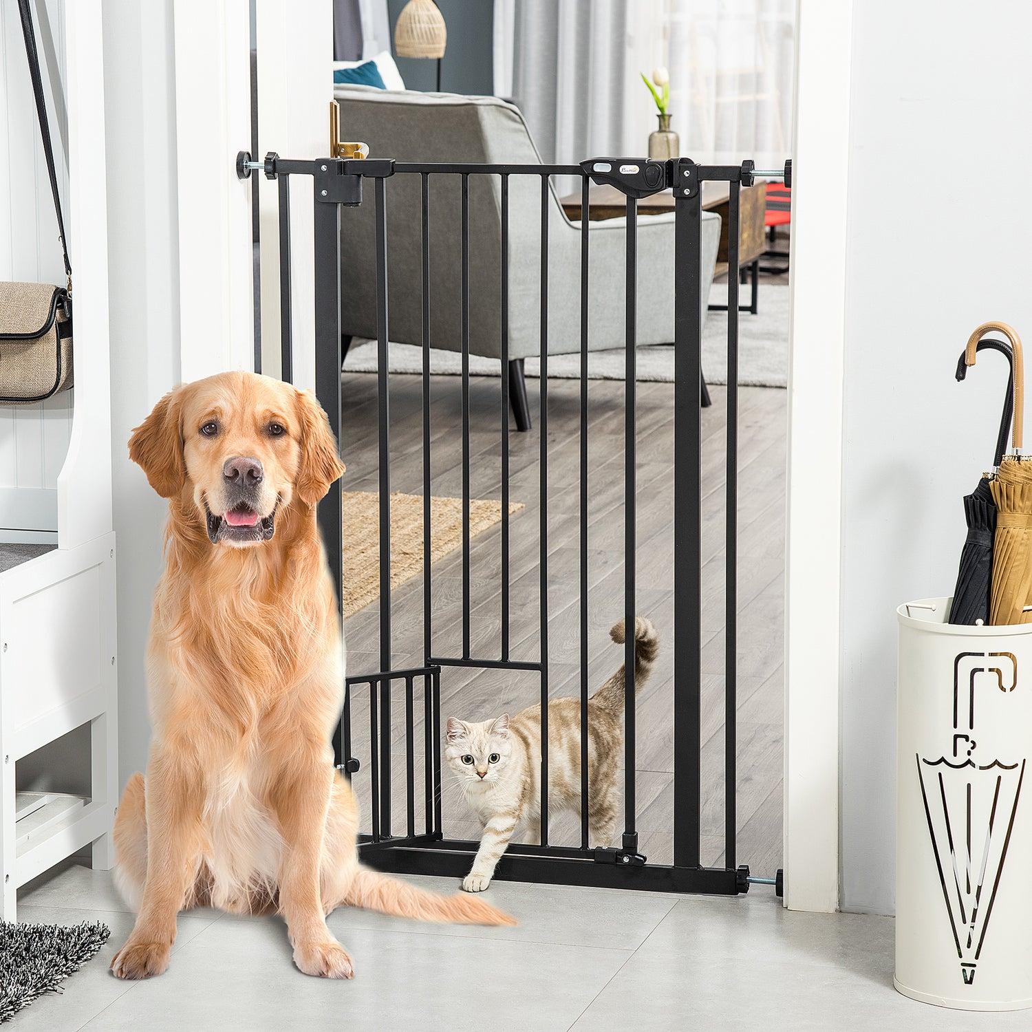 PawHut Extra Tall Dog Gate with Cat Door, Pet Safety Gate for