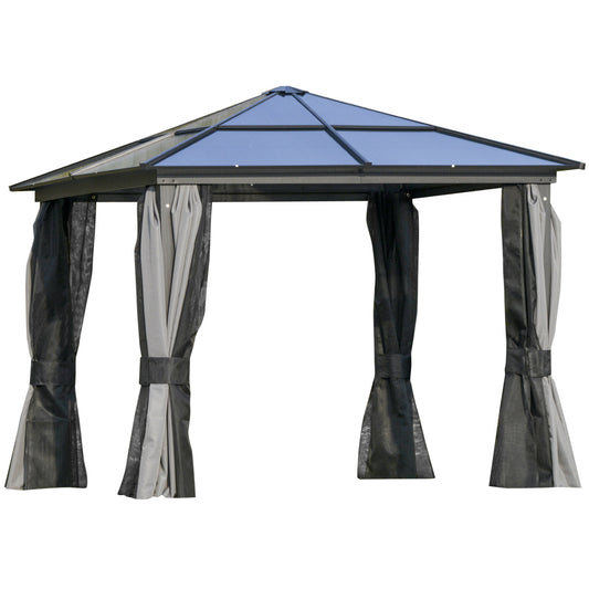 Outsunny Patio Garden PC Board Aluminium Hardtop Gazebo with Curtains and Netting Party Wedding Marquee Tent  3 x 3(m) &