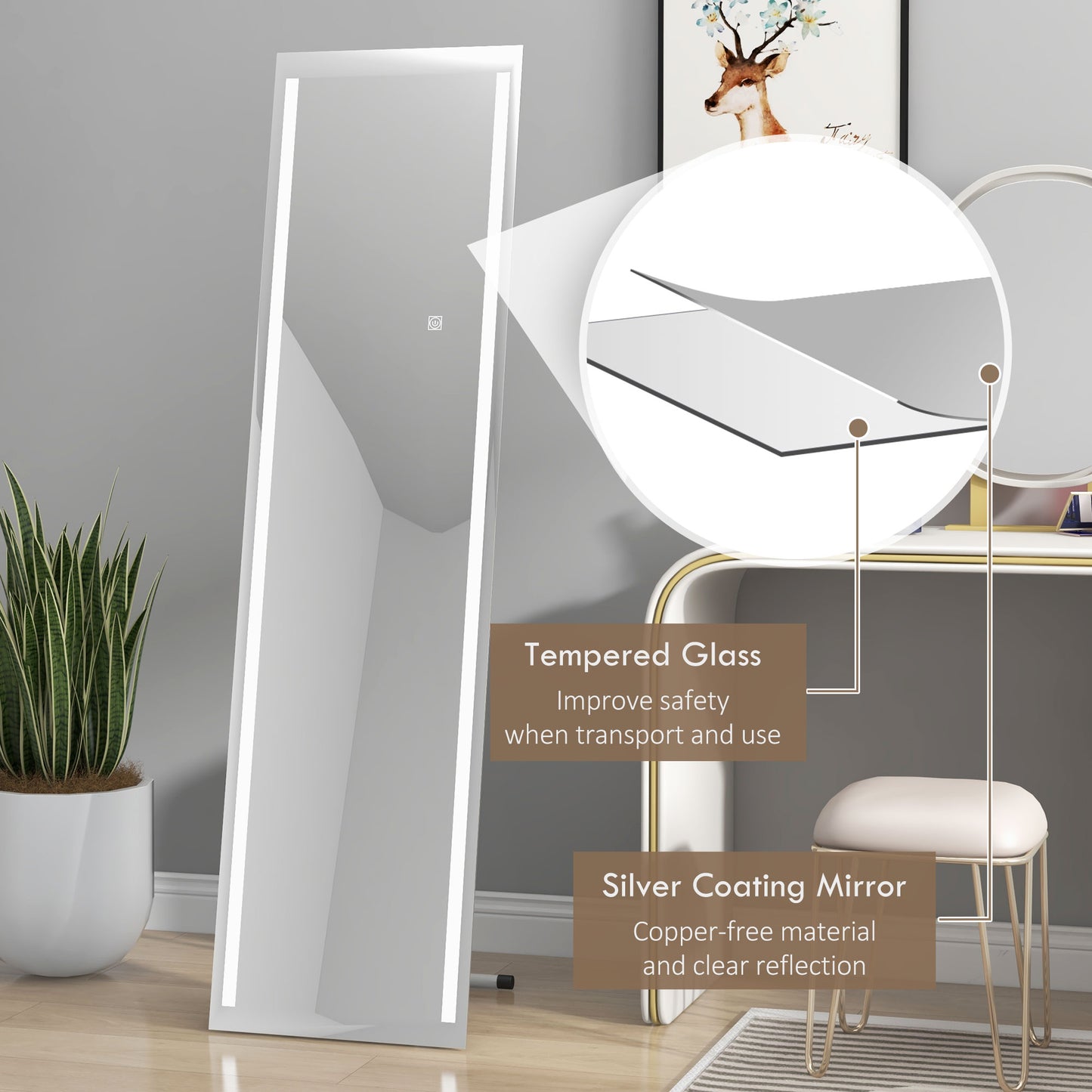 HOMCOM Standing Dressing Mirror with LED Lights Wall Dressing Mirror for Bedroom with Dimmable and 3 Colour Lighting White