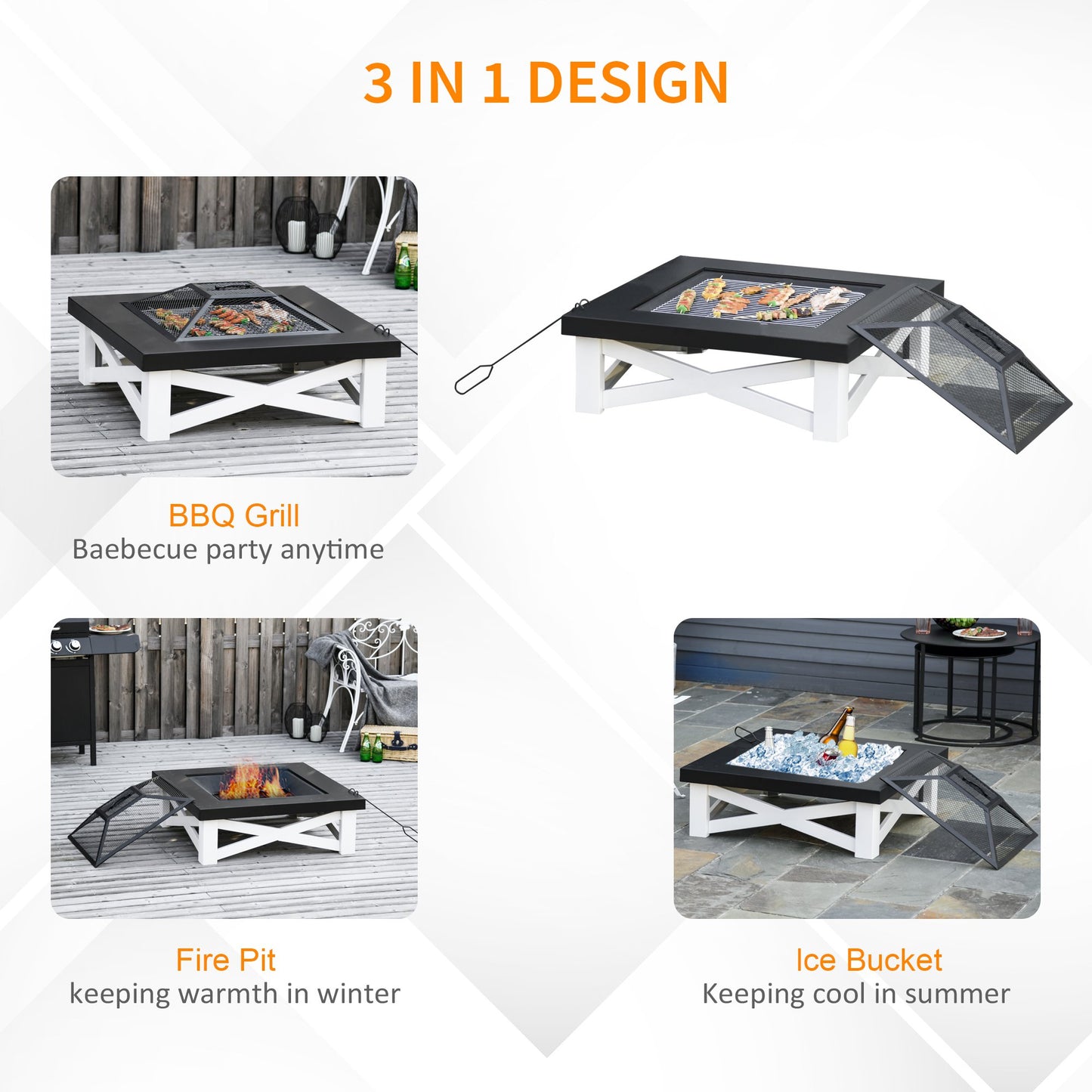 Outsunny Square Garden Fire Pit Square Table w/ Grill Shelf Poker Mesh Cover Grate 86cm