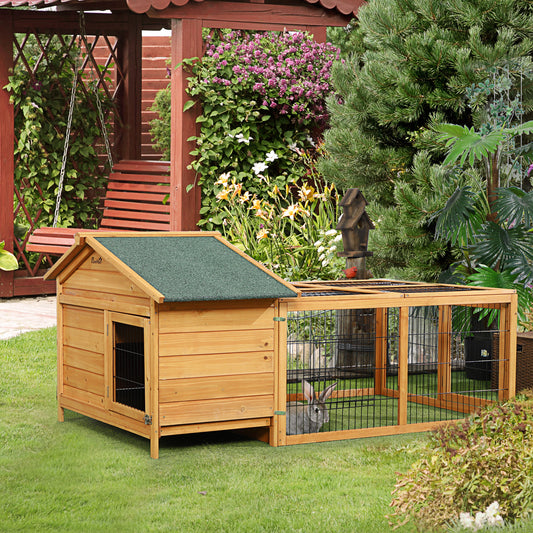 PawHut Wooden Rabbit Hutch Outdoor, Guinea Pig Hutch, Detachable Rabbit Cage with Openable Run & Roof Lockable Door Slide-out Tray Golden Red 146.7 x 95.5 x 69 cm