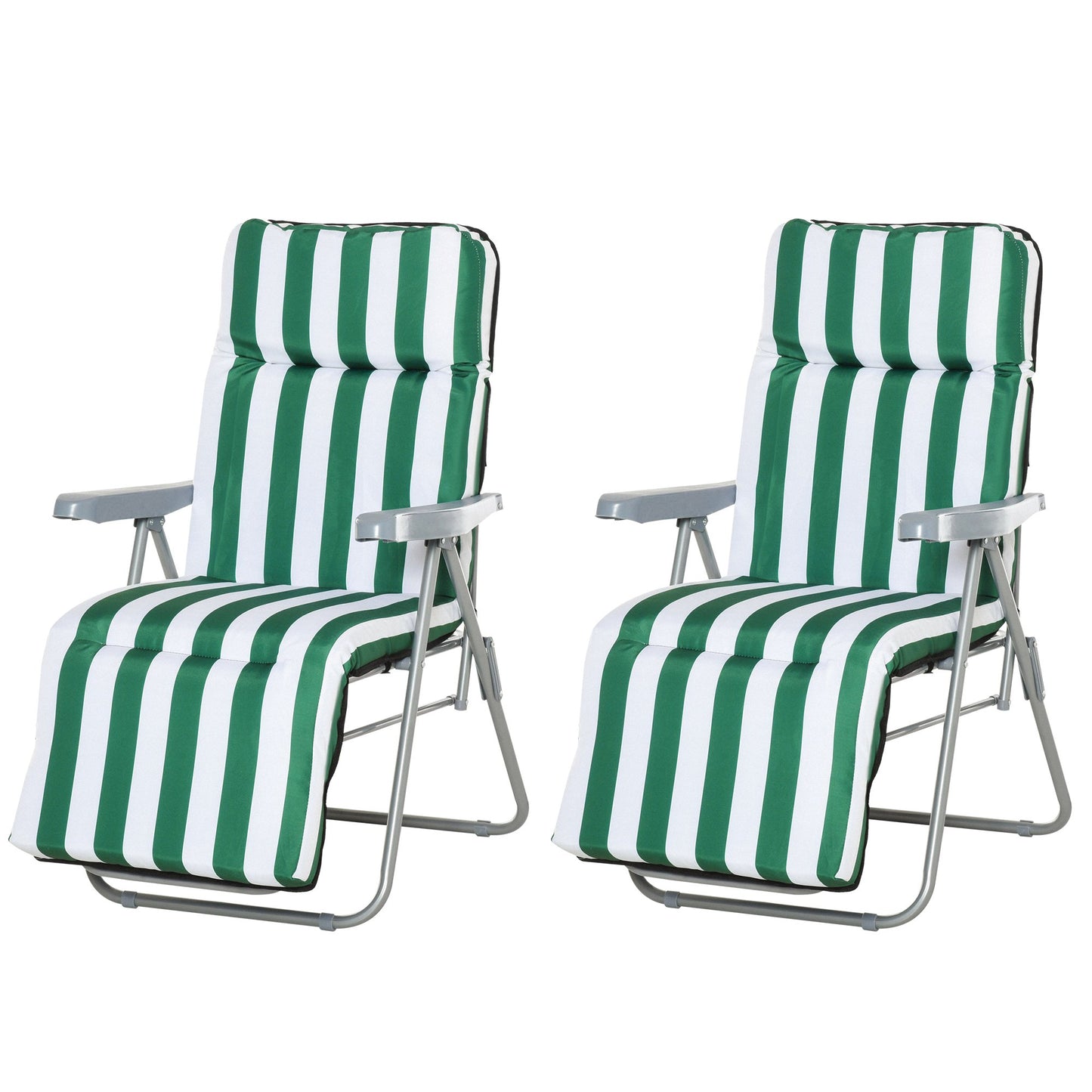 Outsunny 2 Pc Folding Sun Reclining Chairs W/ Cushions Set-Green/White