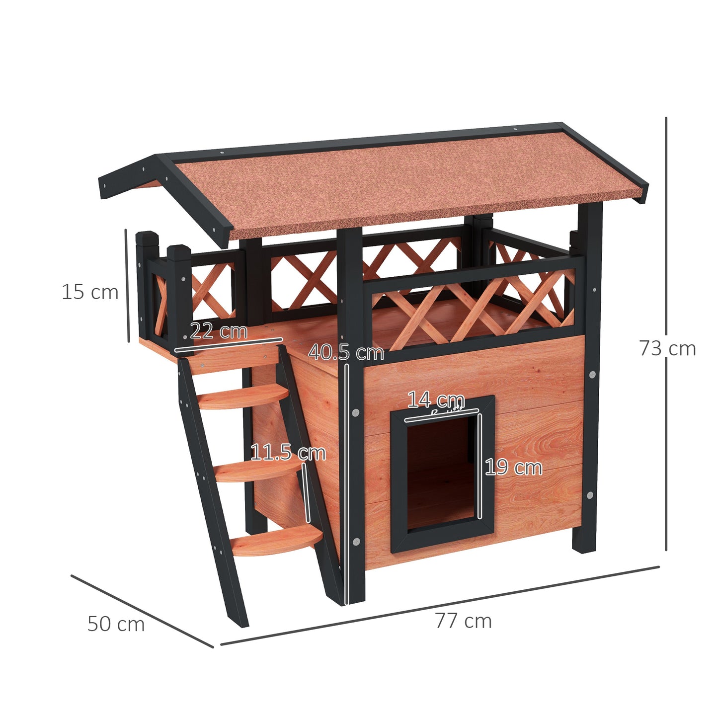 PawHut Cat House Outdoor w/ Balcony Stairs Roof 77 x 50 x 73 cm Brown