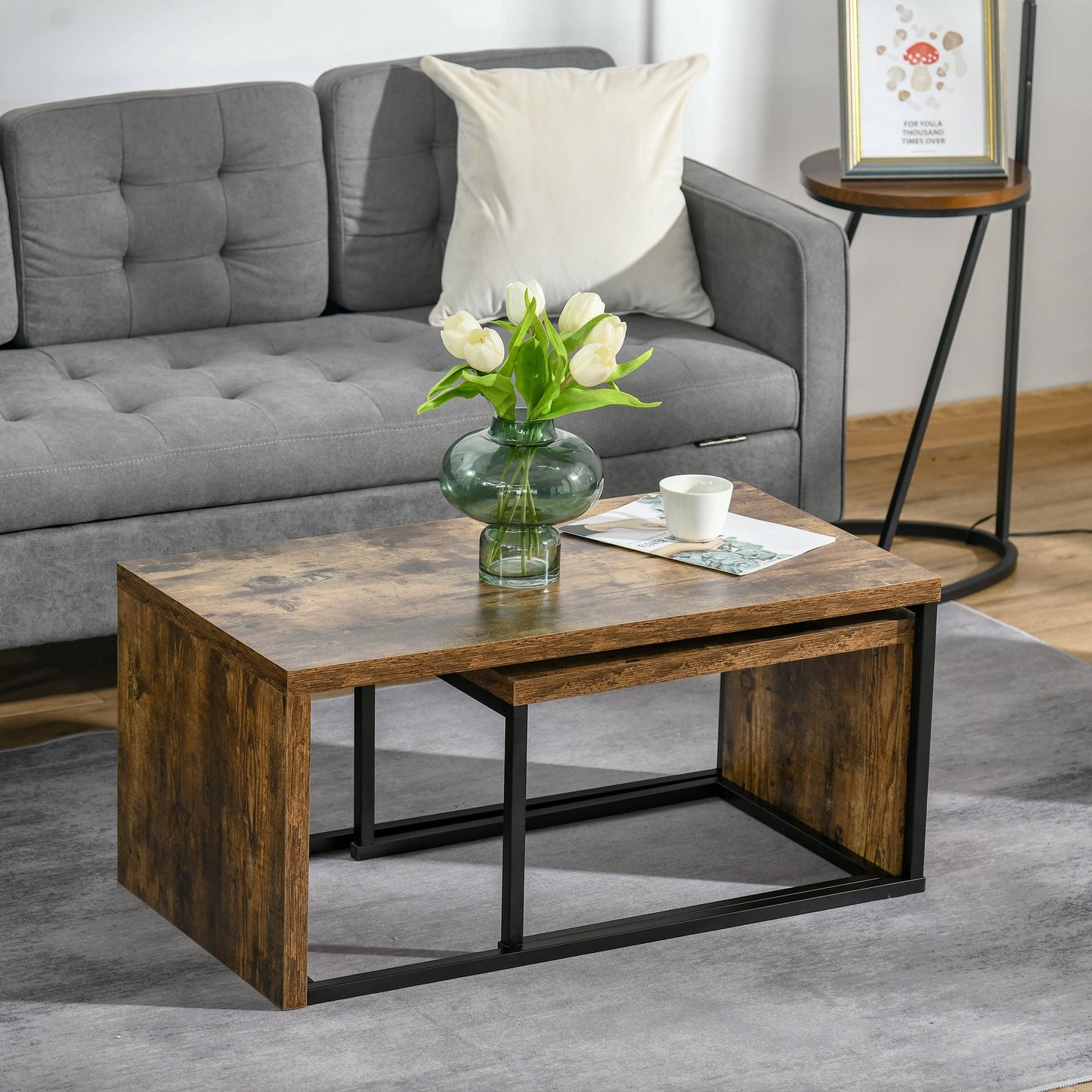 HOMCOM 2 Pieces Coffee Tables Set Industrial Style Side Table Living Room Bedroom