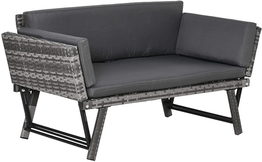 Outsunny 2-Seater Rattan Folding Daybed Sofa Bench Garden Chaise Lounger Loveseat with Cushion Outdoor Patio Grey