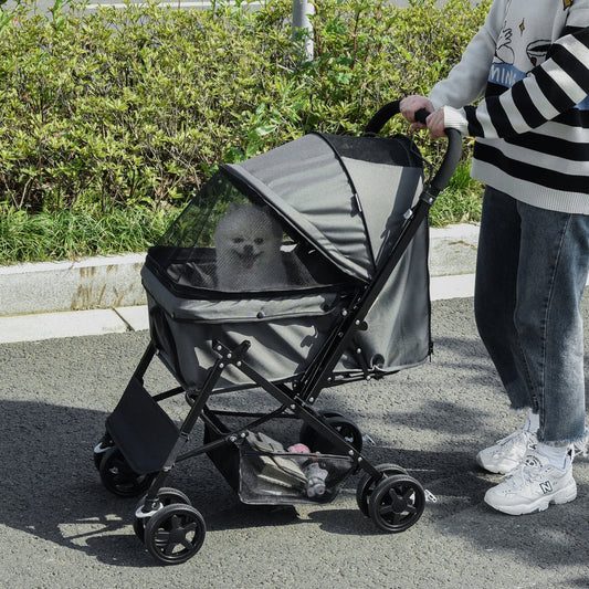 PawHut Pet Stroller Foldable Travel Dog Cat Carriage w/ Reversible Handle Brake Basket