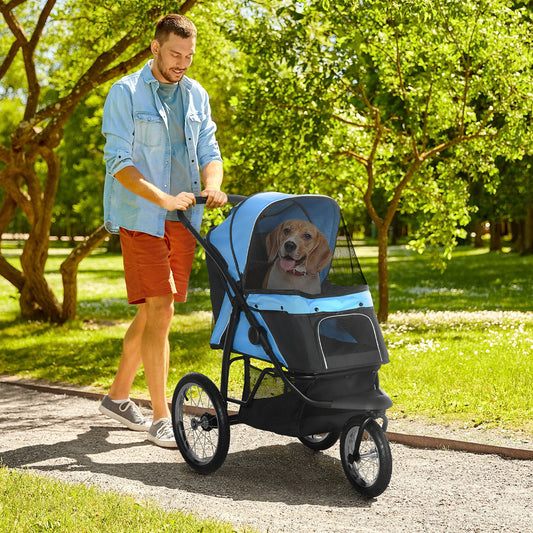 PawHut Pet Stroller Jogger for Medium, Small Dogs, Foldable Cat Pram Dog Pushchair w/ Adjustable Canopy, 3 Big Wheels - Blue