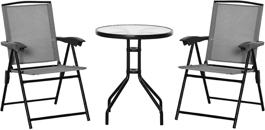 Outsunny 3 PCS Patio Furniture Bistro Set with Folding Chairs Tempered Glass Table Grey