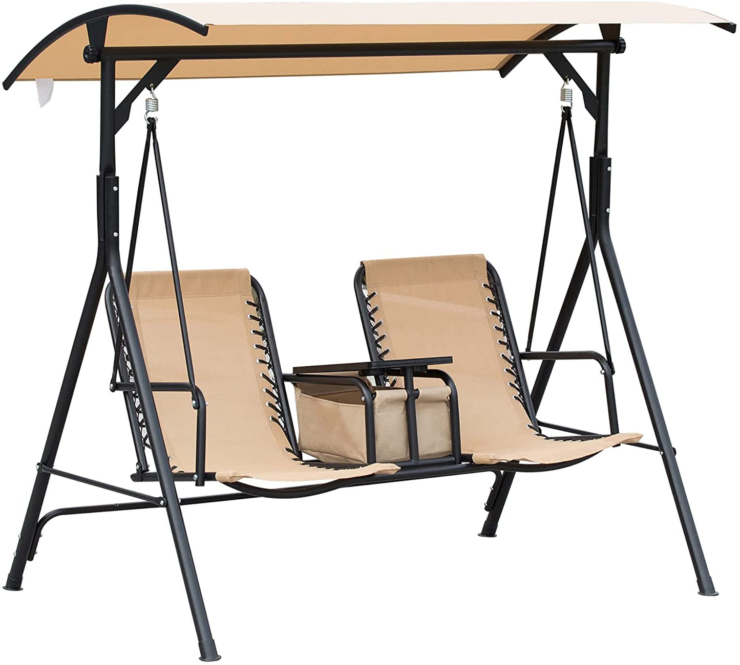 Outsunny 2-Seat Swing Chair Steel Frame Adjustable Canopy Sling Seats w/Middle Table