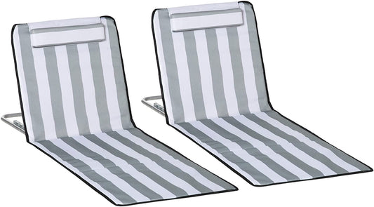 Outsunny Set Of 2 Beach Mat Seat Adjustable Back Metal Frame Fabric Cover Foldable w/ Bag