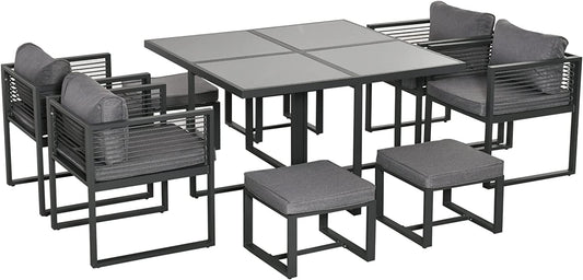 Outsunny 9PC Garden Dining Cube Set Aluminium Dining Table Armchairs Footstools Cushion