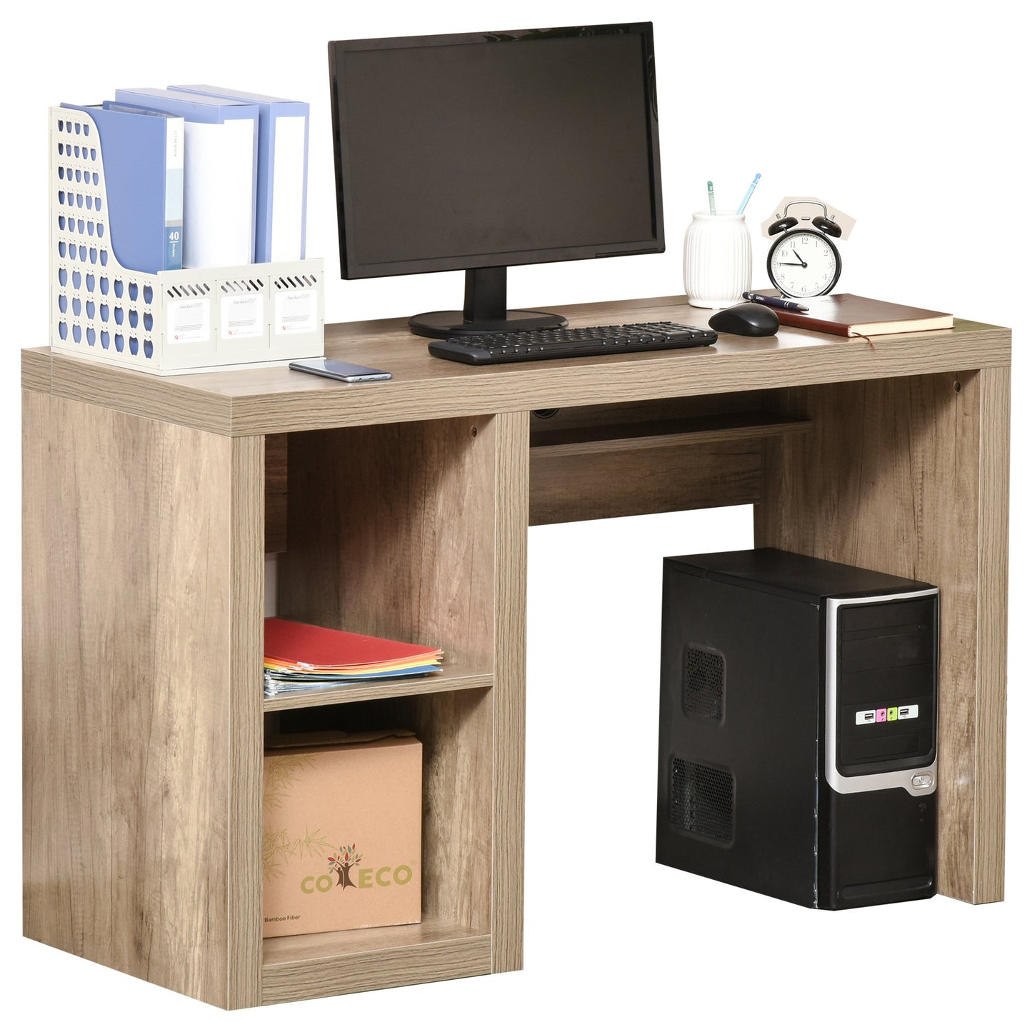 HOMCOM Rectangle Computer Desk Thick Board with Shelves Home Office Table, Wood Color