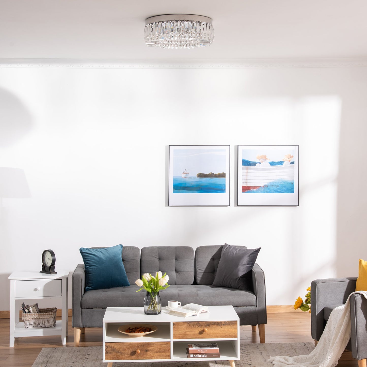 HOMCOM Crystal Ceiling Light Modern Chandeliers Stainless Steel Pendant Lights Silver