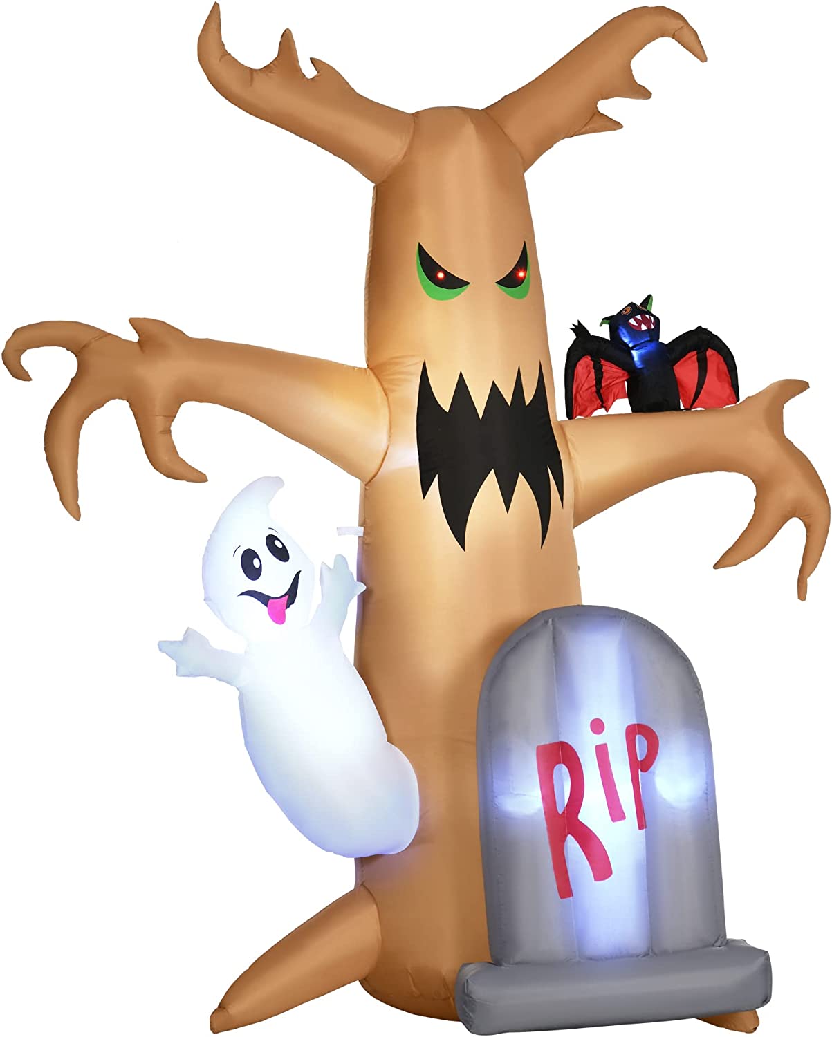 Outsunny 8ft Inflatable Halloween Ghost Tree with White Ghost and Tombstone, Blow-Up Outdoor LED Display for Garden