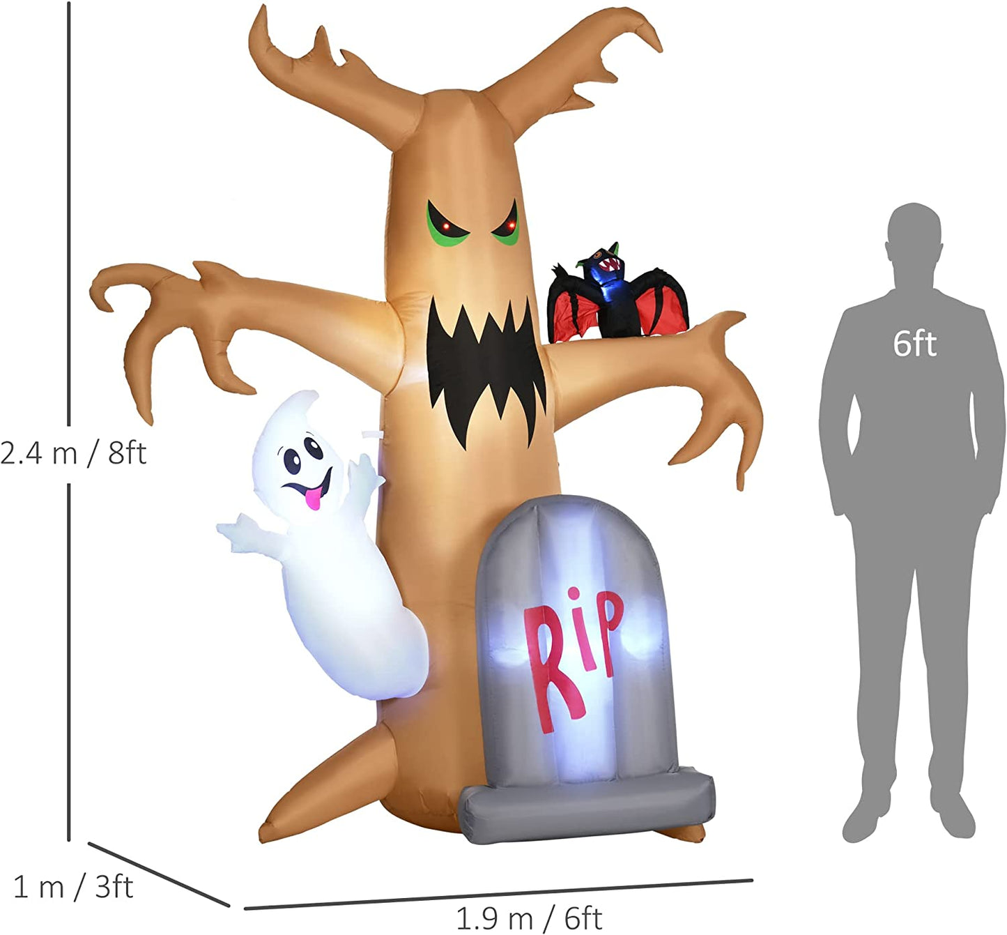 Outsunny 8ft Inflatable Halloween Ghost Tree with White Ghost and Tombstone, Blow-Up Outdoor LED Display for Garden