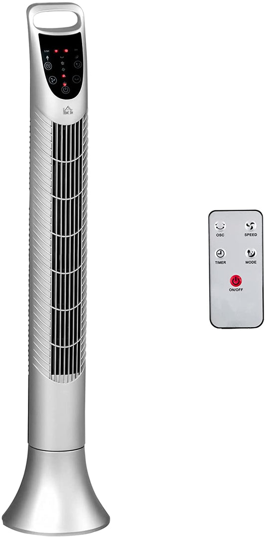 HOMCOM 36'' Freestanding Tower Fan, 3 Speed 3 Mode, 7.5h Timer, 70 Degree Oscillation, LED Panel, 5M Remote Controller, Silver