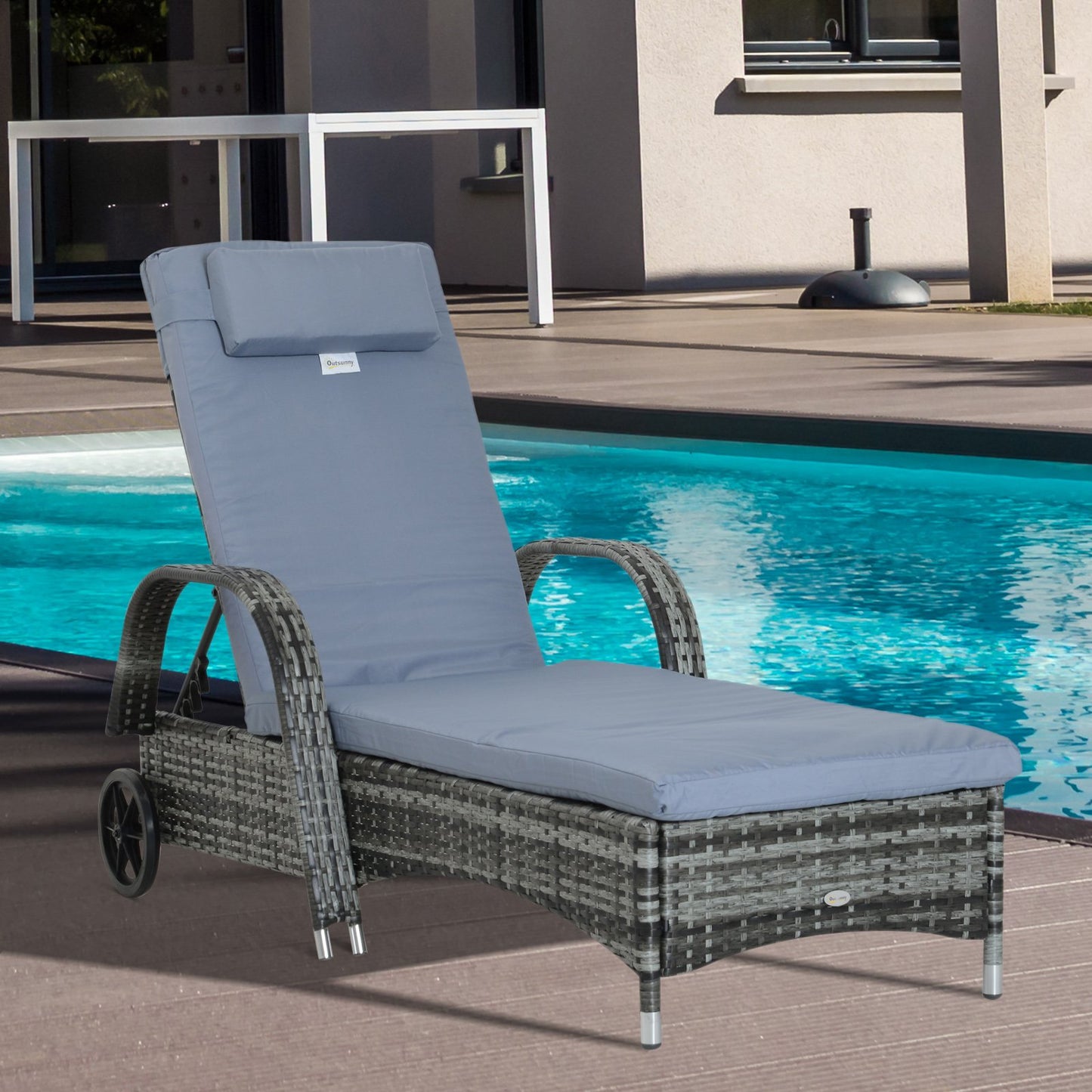 Outsunny Adjustable Rattan Sun Lounger W/ Cushion, 200Lx73Wx56-103H cm-Grey