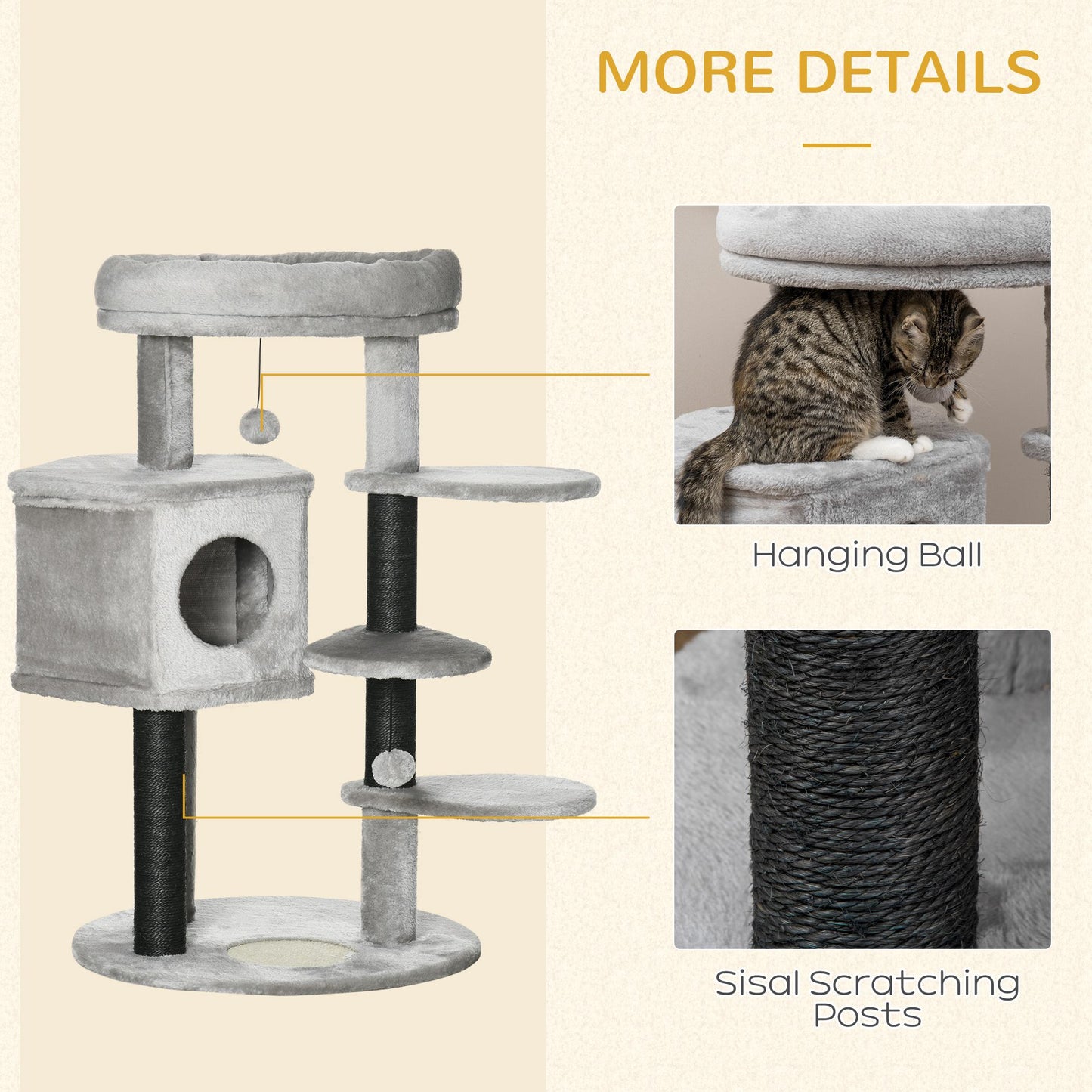 PawHut Cat Tree, Cat Tower for Indoor Cats with Sisal Scratching Post, Ramp, Kitten Bed, Condo, Ball Toy, Light Grey, 55x55x94 cm